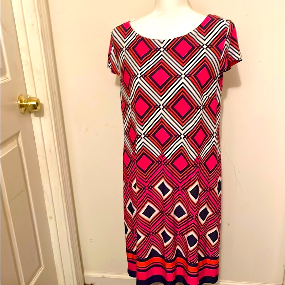 Jessica Howard Pink and Black Geometric Midi Dress Wear Twice And Washed.